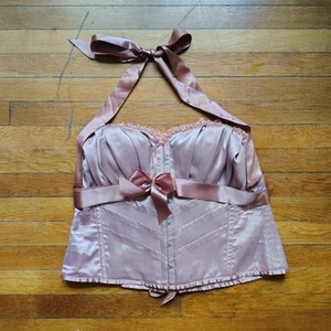 Corset Story Rose Gold Halterneck Overbust Ribbon Corset Steel Boned UK 24 US 20 - Picture 1 of 7