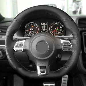 Black Leather Steering Wheel Cover For VW Golf 6 GTI 2009 2010 2011 2012 2013 14 - Picture 1 of 9