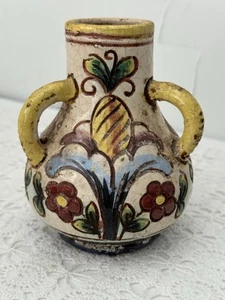 Vtg Italian Hand Painted Ceramic Jug Floral 3 Handles Rare Majolica Pottery 4.5” - Picture 1 of 14