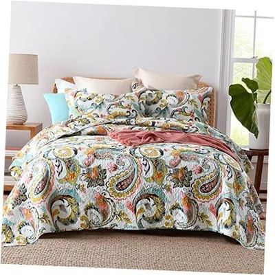 Cotton Bedspread Quilt Sets Reversible Bedding Queen Size White Paisley Floral - Image 1 of 4