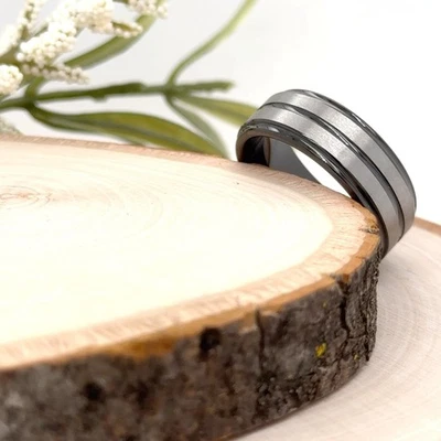 8mm Unisex Black Tungsten Carbide Band polished Dual Silver Stripes Stylish Ring - Image 1 of 4