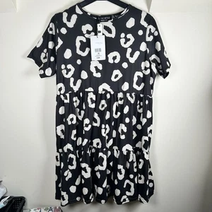 Abito smock stampa leopardata bianco e nero nuovo con etichette vestito skater stampa animalier nuovo etichette - Foto 1 di 4