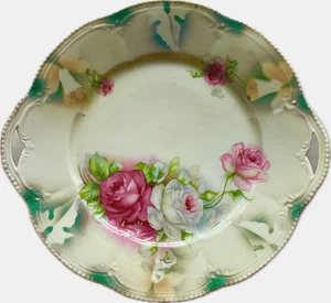 ANTIQUE PORCELAIN CAKE PLATE FLORAL ROSES 1910 HANDLED 10 3/4” EMBOSSED BORDER - Picture 1 of 7