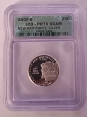 2000-S New Hampshire Silver Quarter (ICG PR70 DCAM)! Beautiful Coin, Ships Free! - Image 1 of 2