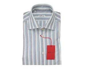 Camisa de vestir Kiton $1,195 nueva con etiquetas blanca azul a rayas algodón lino (43 eu) 17 EE. UU. - Imagen 1 de 7