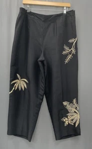Silkland Silk Beaded Pants Size 14 Black Lined Embroidered Palm Trees Tropical - Picture 1 of 17