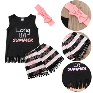 Toddler Baby Girls Sleeveless Tassel Tops Striped Shorts Headband Outfit Clothes - Picture 1 of 8