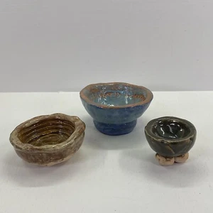 Brutalist Art Pottery Signed ABZ MCM Set Of 3 Bowls Small Baked Earth Handmade - Picture 1 of 17
