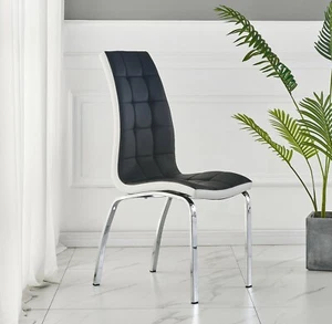 Dining Chairs Set of 2 Black/White Faux Leather Chrome Sturdy Legs Home Modern - Picture 1 of 12