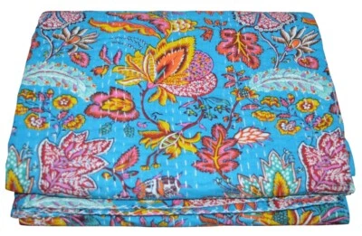 Handmade Floral Kantha Embroidery Twin Blanket Throw Boho Hippie Bedspread - Image 1 of 4