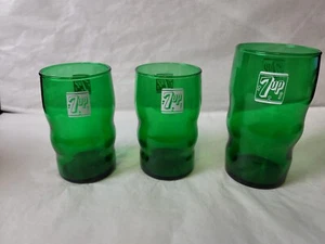 Vtg Green Glass 7 Up Tumblers Lot Of 3 - Picture 1 of 8
