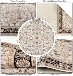 Ultra-Thin (0.25 in) Black Cream Washable Non-Slip Area Rugs for Living Room - Picture 1 of 7