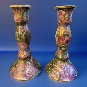 Vtg C&F Enterprises Chinoiserie Asian Floral/Fruit Candlesticks w/Gold Gilt - Picture 1 of 12