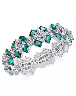 Charter Club Silver-Tone Emerald Crystal Stretch Bracelet Approx diameter 2-1/4" - Image 1 of 3