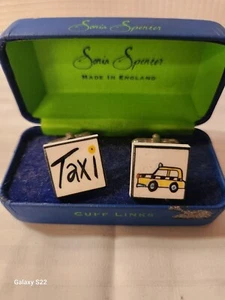Nuevos gemelos vintage Sonia Spencer pintados a mano Inglaterra amarillo taxi para hombre - Imagen 1 de 13