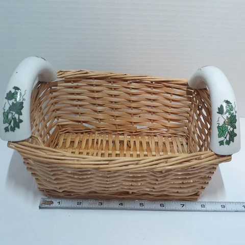 Rectangular Wicker Basket Ivy Porcelain Handles  7.5"x6.5"x4" Country Chic Farm Cover