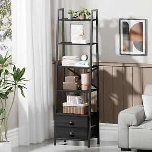 5-Tier Ladder Shelf with 2 Drawers,Narrow Bookshelf Storage Shelves,Industria... - Picture 1 of 12