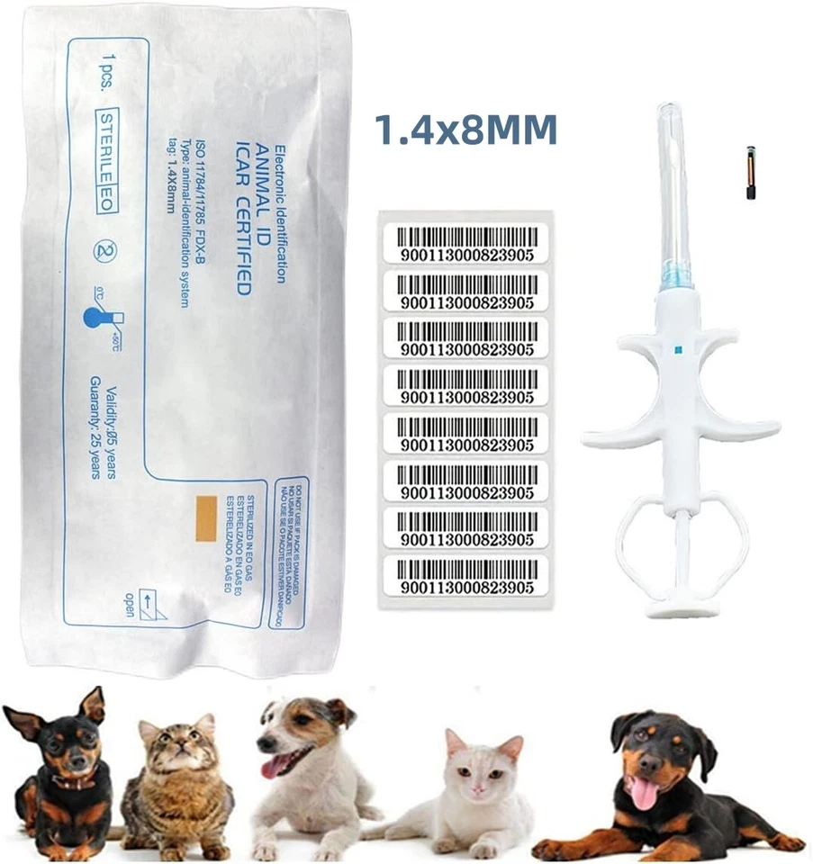ISENVO 20-100pcs Cat Dog Pet Microchip RFID Implant Chip w/ Injector ID Tag 1.4*8mm