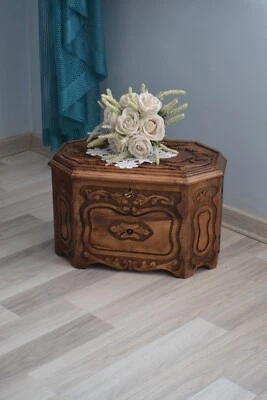 Walnut Wood Storage Box, Hand Carved Decorative Turkish Storage Bride Chest - Image 1 of 4