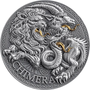 Moneda dorada envejecida de plata de 1 oz Quimera Gran Mitología Griega de Camerún 2025 - Imagen 1 de 8