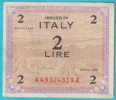 1943 Italy 2 Lire  ALLIED MILITARY CURRENCY Note   HIGH GRADE A49324819A - Image 1 of 2