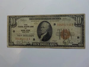 National Currency 1929 10 Dollar Bill Federal Reserve Bank New York Paper Money  - Picture 1 of 2