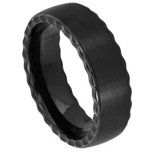 Tungsten Ring Unisex  Black IP Plated Pipe Cut Brushed Center Grooved Sides
