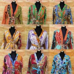 5 Pcs of Cotton Kantha Fabric Handmade Quilted Kimono Long Robe Dressing Gown - Picture 1 of 10