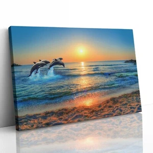 Dolphin Jumping Thailand Beach Canvas Print Picture Framed Wall Art Paper Sunset - Picture 1 of 23
