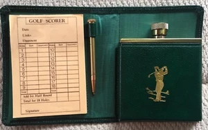 VINTAGE GOLF SCORING SET WITH MATCHING HIP FLASK ~ 12 X 9 CMS ~GREEN LEATHER NEW - Picture 1 of 11