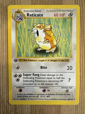 Raticate 1st Edition Base Set Shadowless 40/102 Pokemon - HP - Image 1 of 2