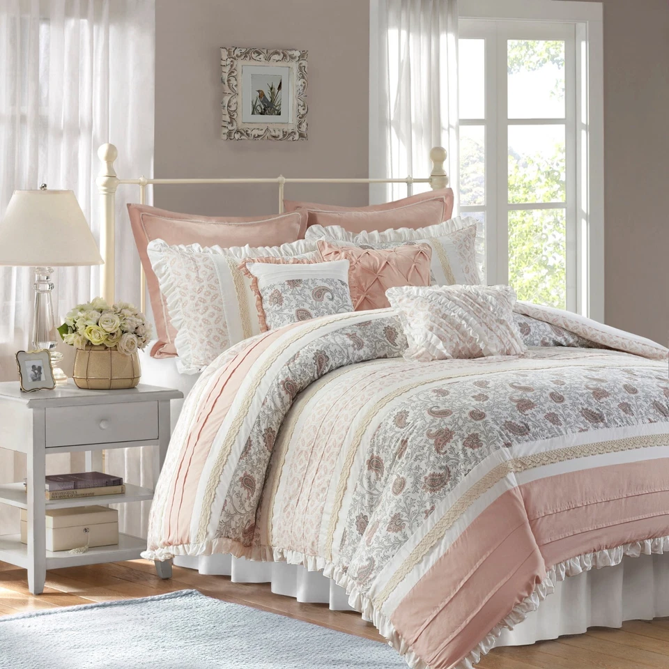 Madison Park 100 Cotton Comforter Set Cottage Design Queen 90"x90" Blush 9pcs