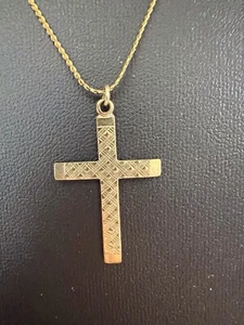 8K 333 Yellow Gold Cross Pendant Textured 12K Gold Filled Chain Necklace B9 - Picture 1 of 9
