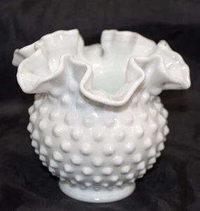 Vintage Fenton Hobnail Milk Glass Small Ruffled Vase-4.25"x5" - Picture 1 of 4