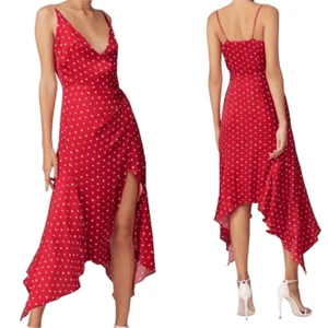 Haney Olivia rot Stretch Satin gepunktet Taschentuchsaum Midikleid Größe 4 $ 890 - Bild 1 von 13