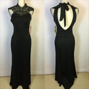 NWT Emerald Sundae Gown Maxi Dress Sz M Womans Black Knit Halter High Lace Neck - Picture 1 of 18