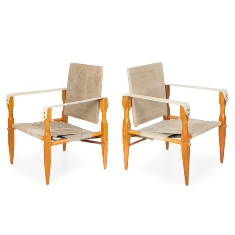 Vintage Pair of Scandinavian Beechwood and Canvas Safari Chairs circa 1970s Cover