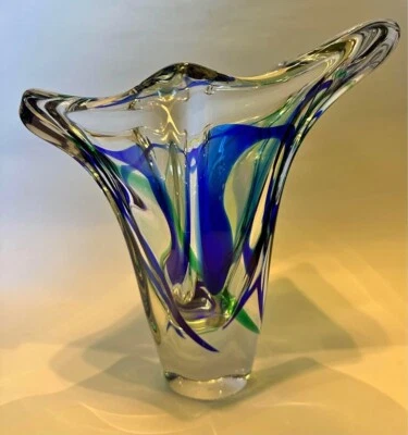 JARRÓN HOLANDÉS GRANDE AZUL Y VERDE MAX VERBOEKET MEDIADOS DE SIGLO CRISTAL  Foto 1 de 4