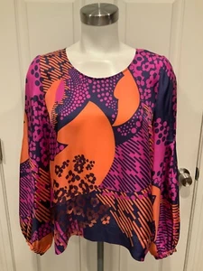 See By Chloe Purple, Orange & Navy Geometric Print 100% Silk Shirt, Size 6 (US) - Picture 1 of 8