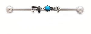 Industrial 3D Arrow w/Turquoise Gem 14 Gauge 1-1/2" 5mm Balls Steel Barbell #Z - Picture 1 of 3