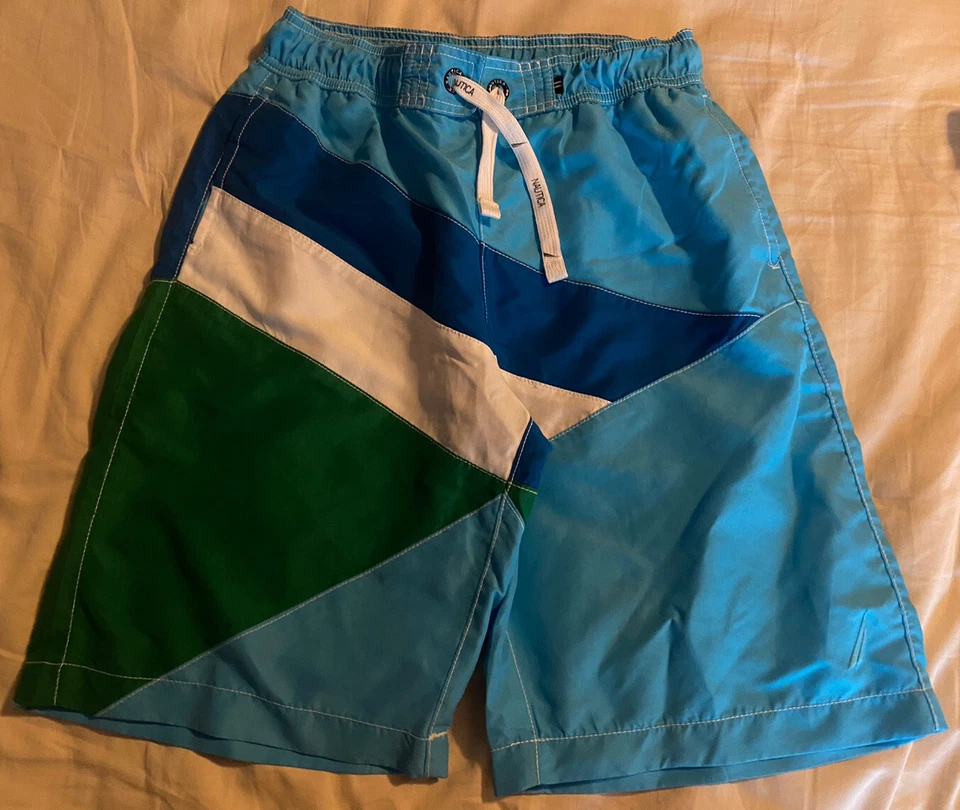 Nautica Boys Large 14 16 Blue Green White Colorblock Swim Shorts Trunks NWOT - Image 1 of 3