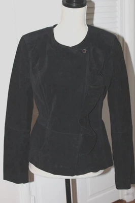 ¡NUEVO SIN ETIQUETAS ISAAC MIZRAHI LIVE! Chaqueta de gamuza negra con volantes asimétricos 8 Foto 1 de 4