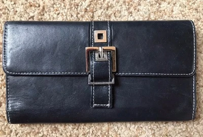 Carteira feminina de couro Perlina talão de cheques cartões macios troca preta fecho de pressão VGUC - Imagem 1 de 4