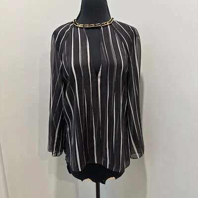 HALSTON HERITAGE Gauzy Striped Blouse 6 Black White Chic - Image 1 of 4