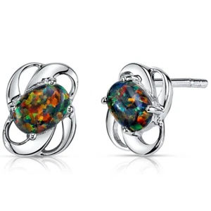 Pendientes de ópalo negro creados en laboratorio en forma ovalada de plata esterlina de 1,50 quilates - Imagen 1 de 4