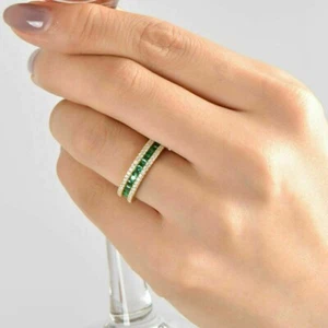Princess Lab Created Green Emerald Eternity Wedding Band 14k Yellow Gold Plated - Picture 1 of 1