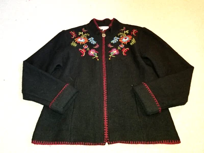 Suéter/Chaqueta Mujer-DISEÑO ISLANDÉS-Coldwater Creek-negro bordado lana hervida-S Foto 1 de 4