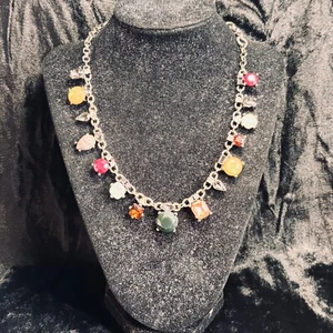 LOFT ANN TAYLOR necklace silvertone metal chain multicolor faux gems vintg style - Picture 1 of 5
