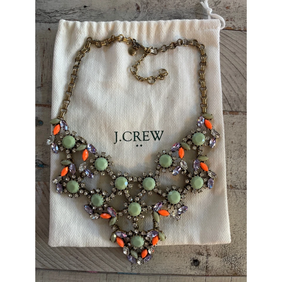 J.Crew Statement Necklace Mint Green Crystal Rhinestone Bib Neon Orange Accents - Image 1 of 4