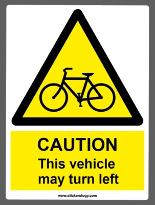 STICKEROLOGY CAUTION THIS VEHICLE MAY TURN LEFT STICKER SIGN STANDARD OR GLASS STICKER